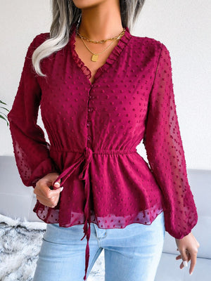 Swiss Dot Frill Trim Drawstring Waist Peplum Blouse-Mope's Closet