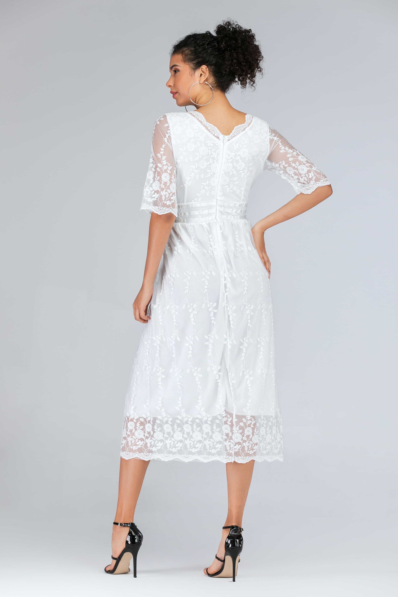 Scalloped Lace Half Sleeve Midi Dress-Mope's Closet