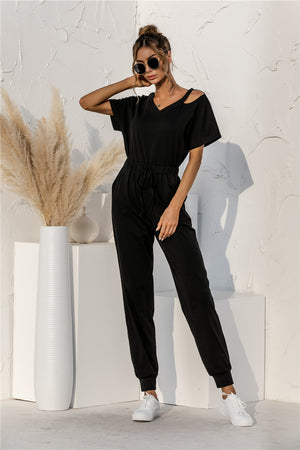 Cut Out V-neck Drawstring Jumpsuit-Mope's Closet