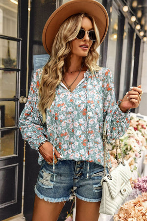 Floral Tie Neck Lantern Sleeve Blouse-Mope's Closet