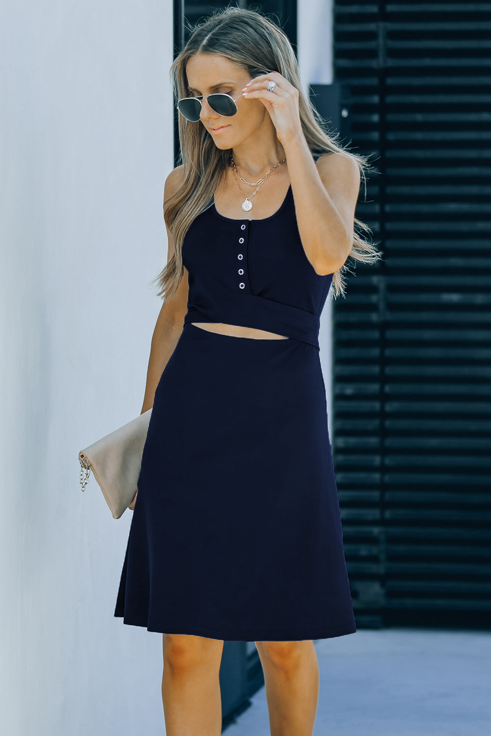 Cutout Buttoned Tie-Back Sleeveless Dress-Mope's Closet