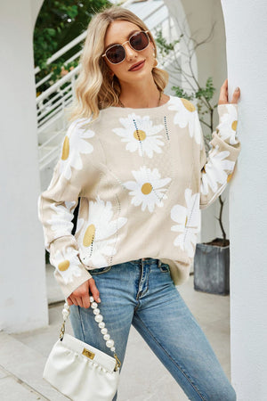 Daisy Print Openwork Round Neck Sweater-Mope's Closet