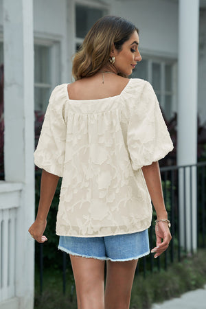 Applique Puff Sleeve Square Neck Blouse-Mope's Closet