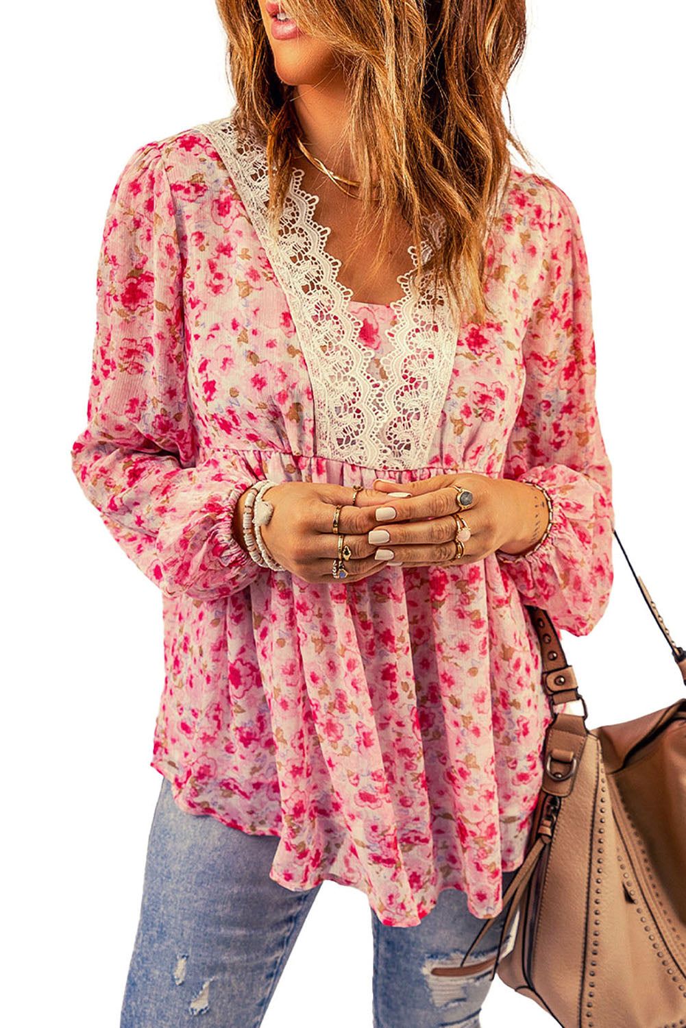 Floral Lace Trim Balloon Sleeve Blouse-Mope's Closet