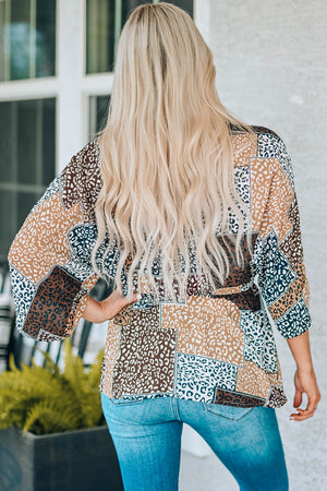 Leopard Patchwork V-Neck Top-Mope's Closet