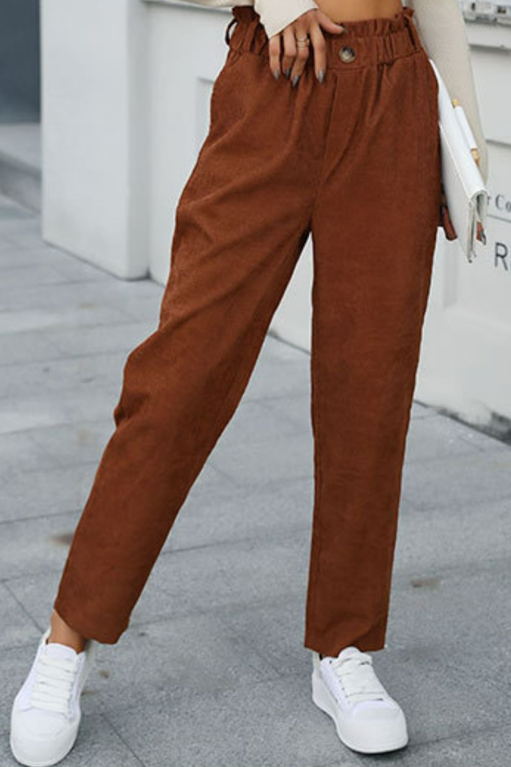 Paperbag Waist Straight Leg Pants with Pockets-Mope's Closet