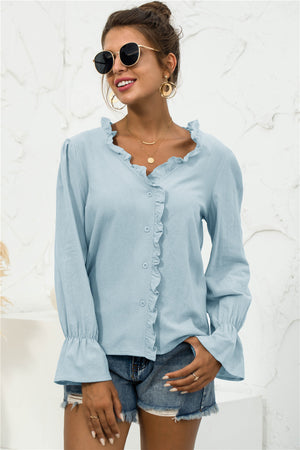 Frill Trim V-Neck Flounce Sleeve Shirt-Mope's Closet