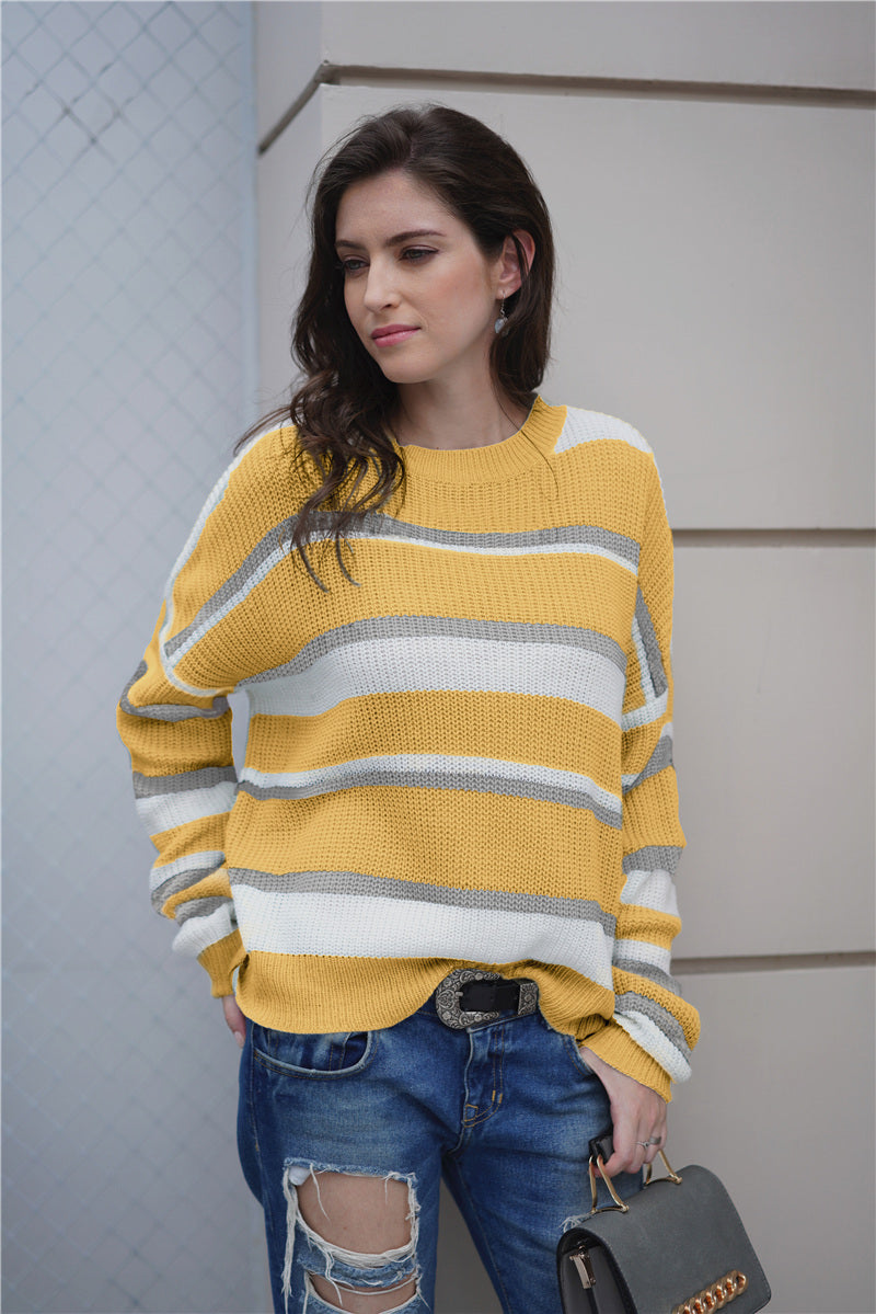 Striped Rib-Knit Round Neck Long Sleeve Sweater-Mope's Closet