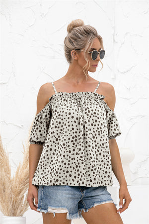 Printed Cold-Shoulder Frill Trim Blouse-Mope's Closet