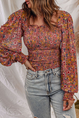 Floral Smocked Lantern Sleeve Blouse-Mope's Closet