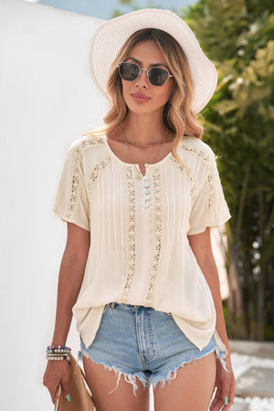 Crochet Eyelet Buttoned Short Sleeves Top-Mope's Closet