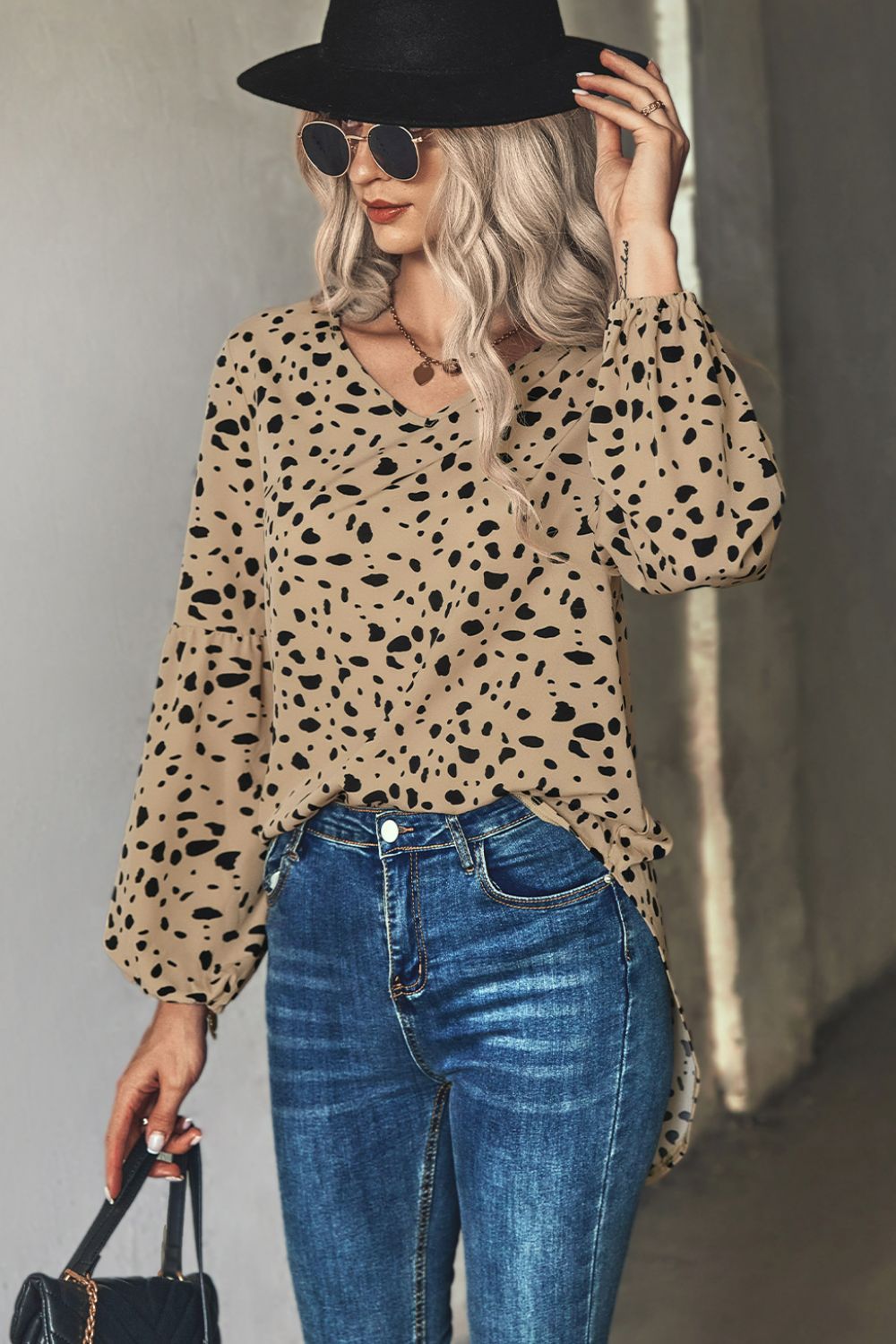 Animal Print V-Neck High-Low Blouse-Mope's Closet