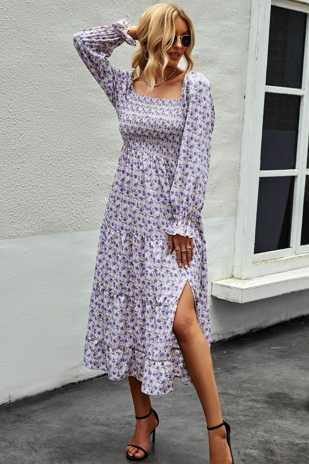 Floral Smocked Square Neck Slit Midi Dress-Mope's Closet