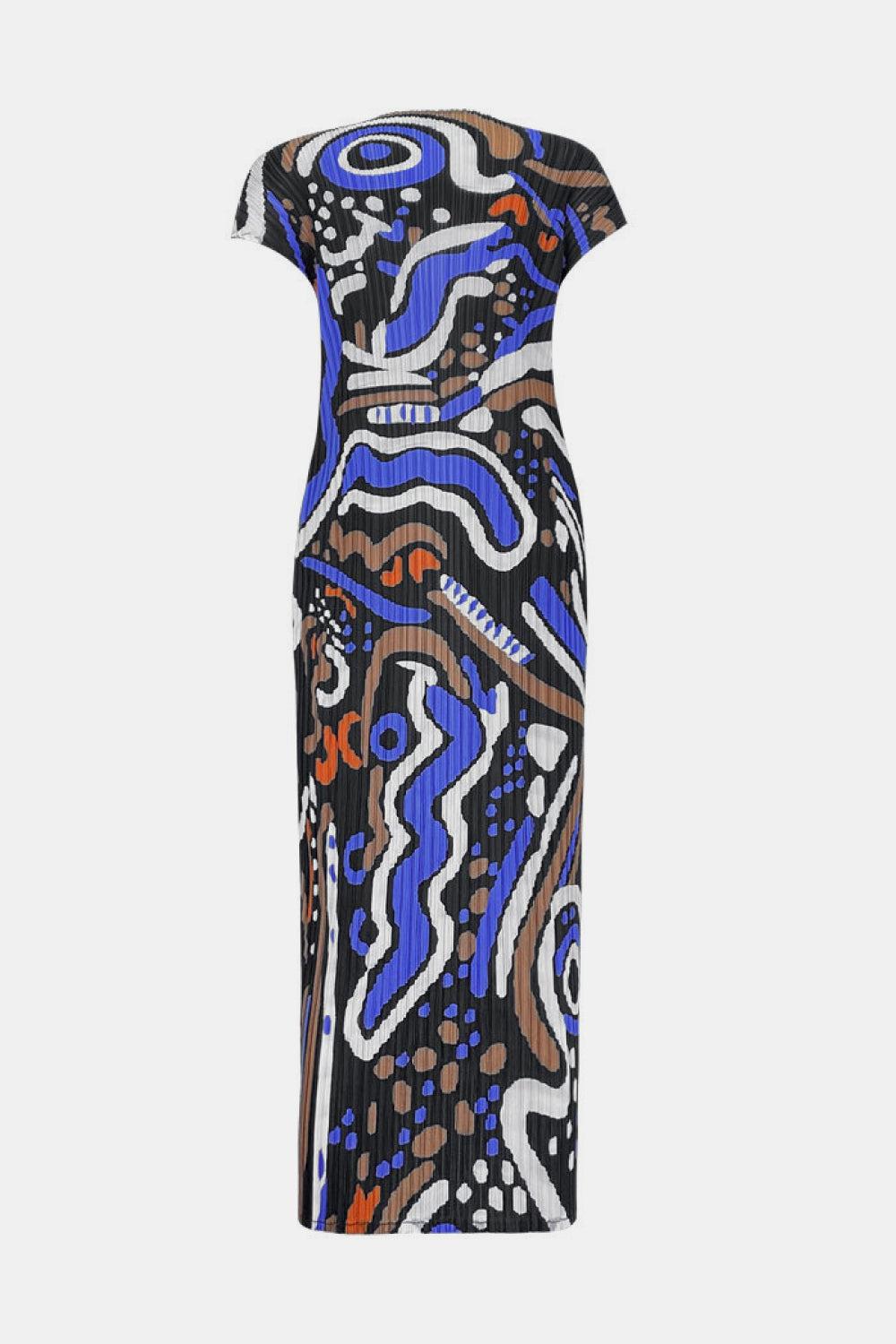 Abstract Print Accordion Pleated Round Neck Midi Dress-Mope's Closet