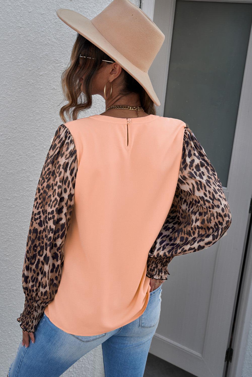 Leopard Puff Sleeve Spliced Top-Mope's Closet