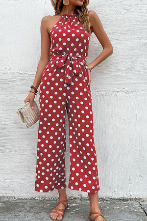 Polka Dot Grecian Wide Leg Jumpsuit-Mope's Closet