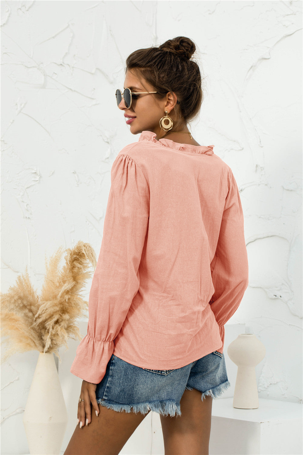 Frill Trim V-Neck Flounce Sleeve Shirt-Mope's Closet