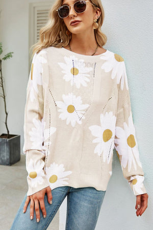 Daisy Print Openwork Round Neck Sweater-Mope's Closet