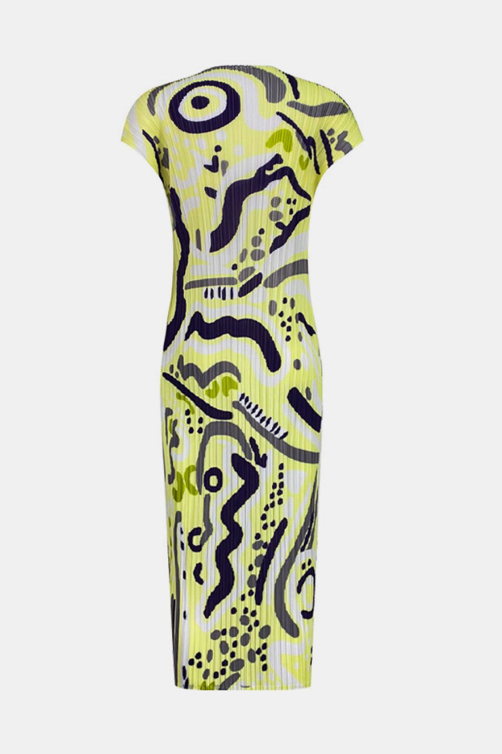 Abstract Print Accordion Pleated Round Neck Midi Dress-Mope's Closet