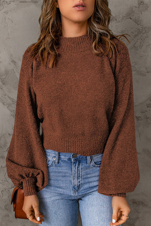 Ribbed Trim Balloon Sleeve Sweater-Mope's Closet