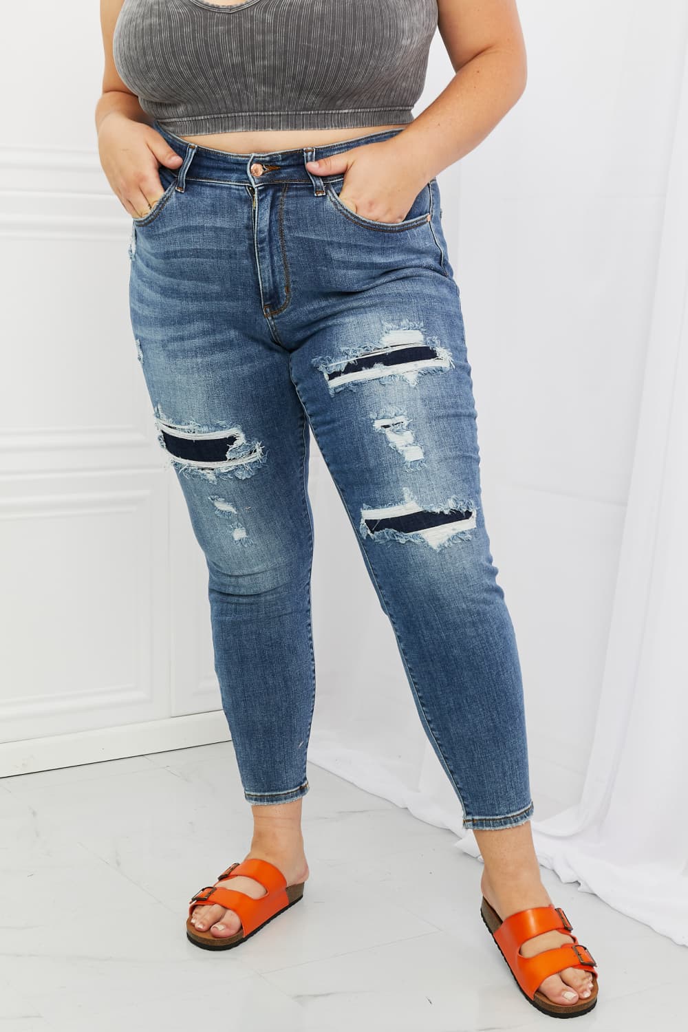 Judy Blue Dahlia Full Size Distressed Patch Jeans-Mope's Closet