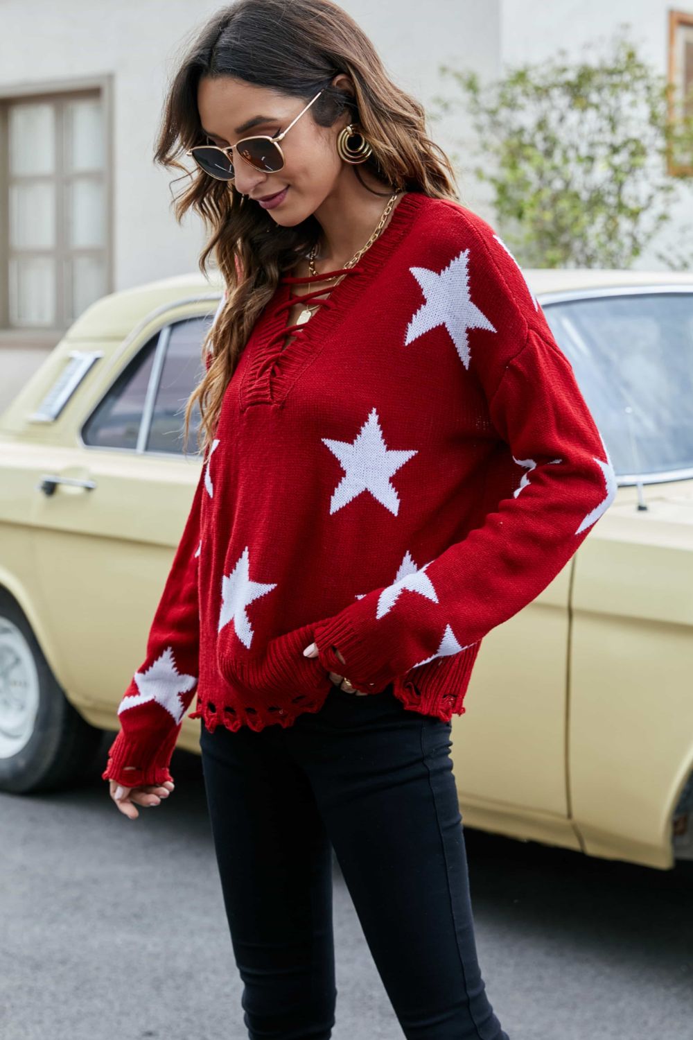 Star Pattern Lace-Up Drop Shoulder Sweater-Mope's Closet