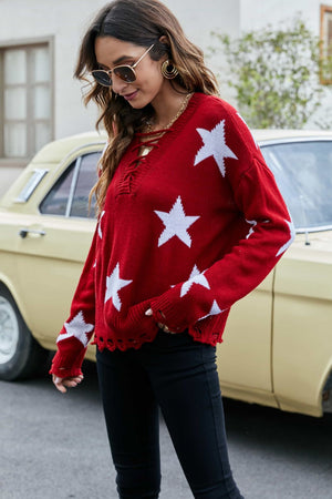 Star Pattern Lace-Up Drop Shoulder Sweater-Mope's Closet