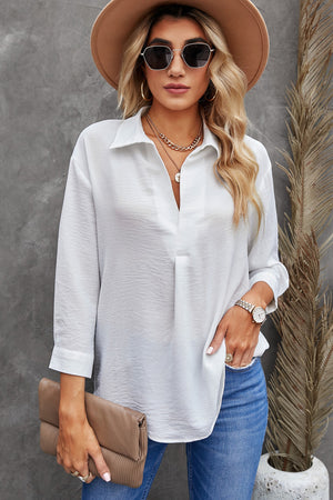 Textured Johnny Collar Three-Quarter Sleeve Blouse-Mope's Closet