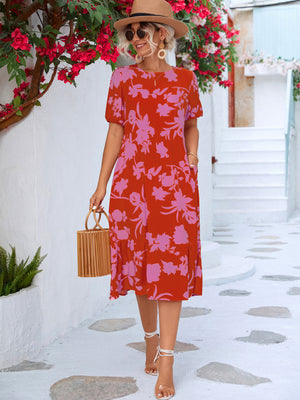 Floral Puff Sleeve Ruffle Hem Midi Dress-Mope's Closet