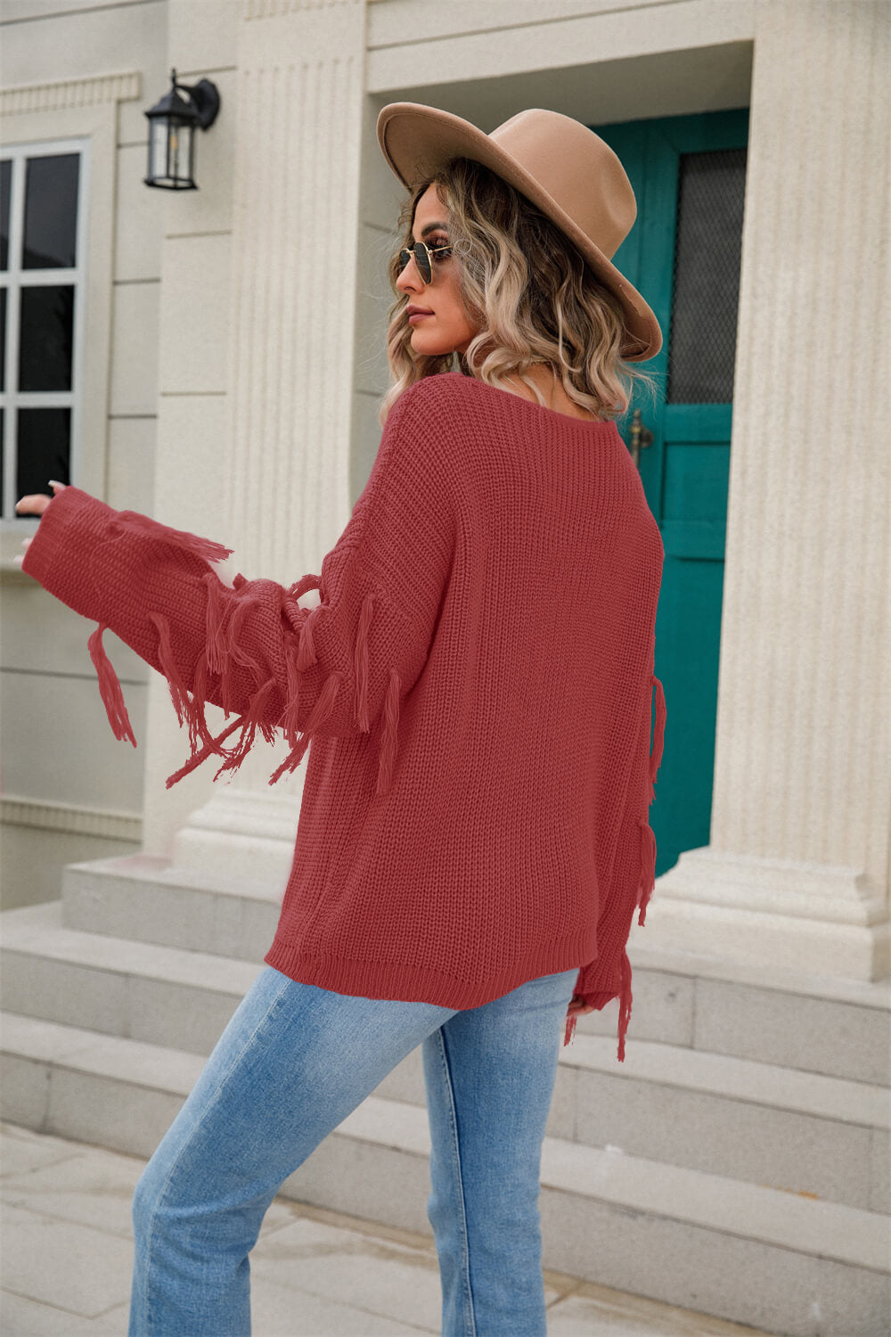 Tassel Detail Rib-Knit Round Neck Sweater-Mope's Closet