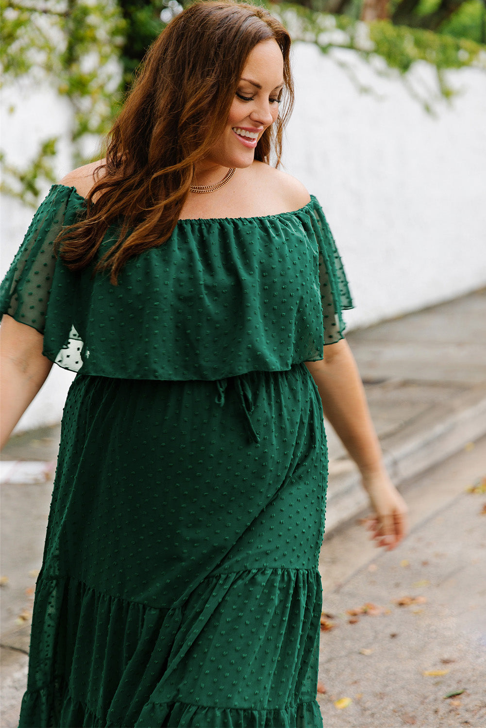 Plus Size Swiss Dot Off-Shoulder Tiered Dress-Mope's Closet