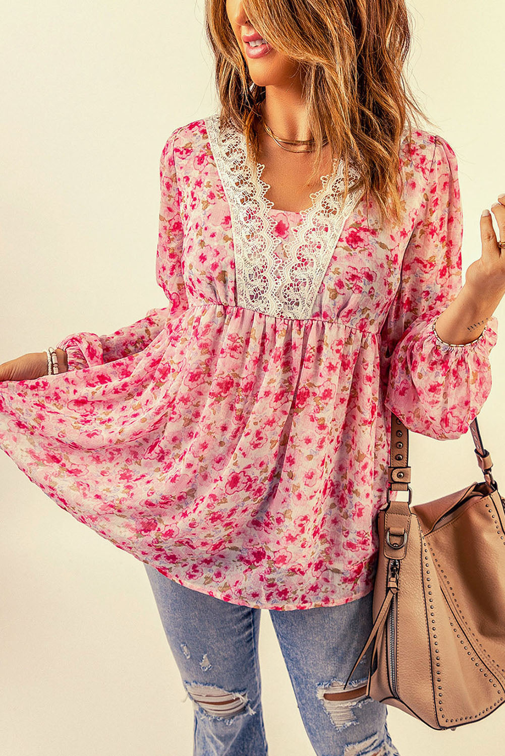 Floral Lace Trim Balloon Sleeve Blouse-Mope's Closet